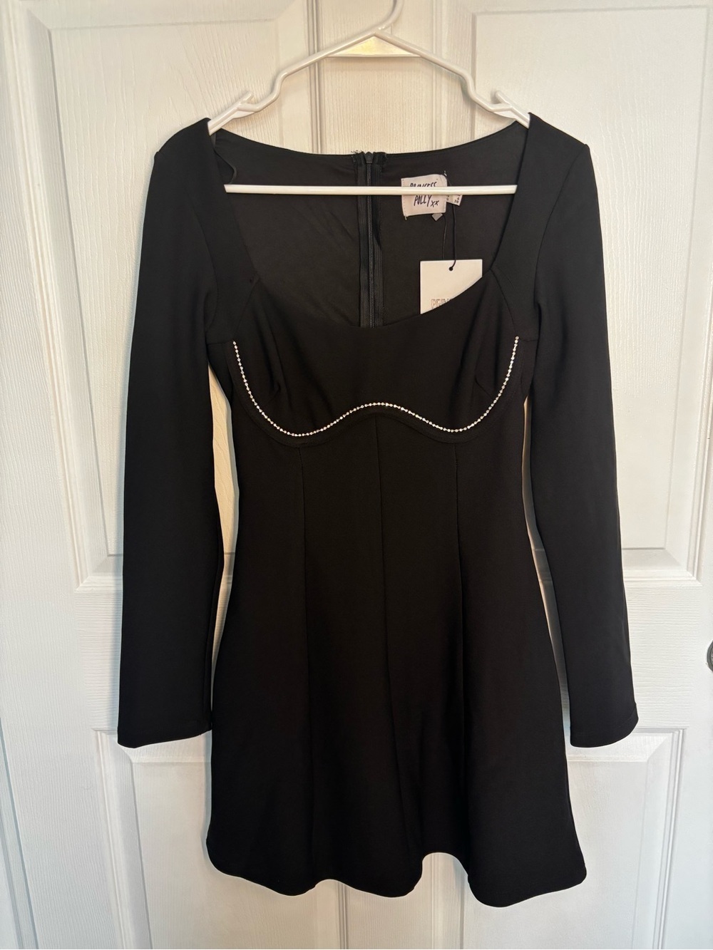 Princess Polly Black Rhinestone Trim Long Sleeve Mini Dress Size 6